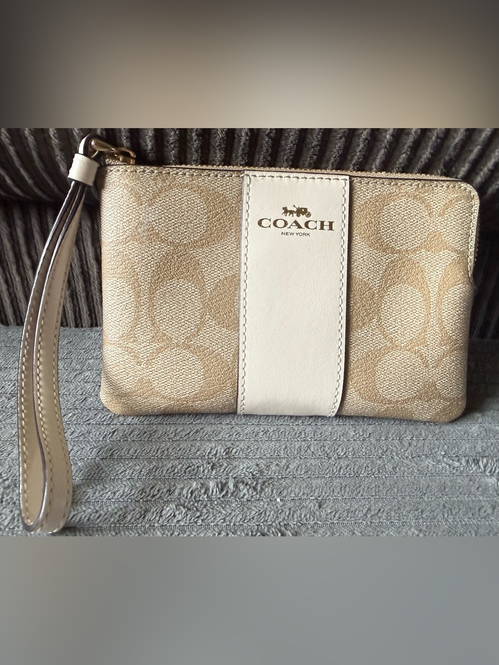 Coach Beige Signature Coated Canvas Wristlet Wallet White Leather Stripe